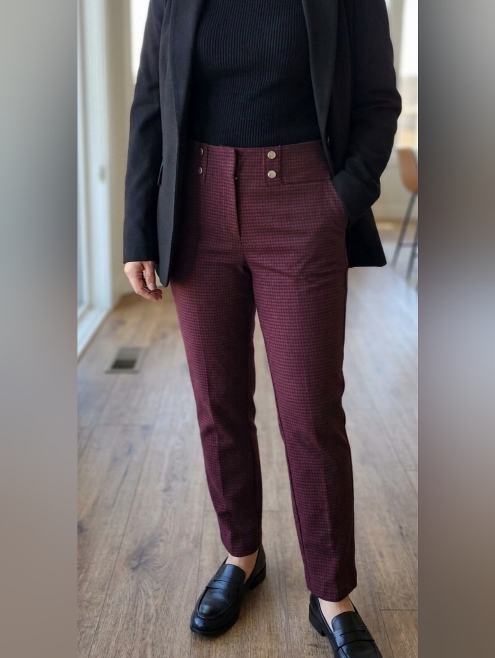 NWT Cleo Petites Maroon & Black Houndstooth Ankle Pants - Size L